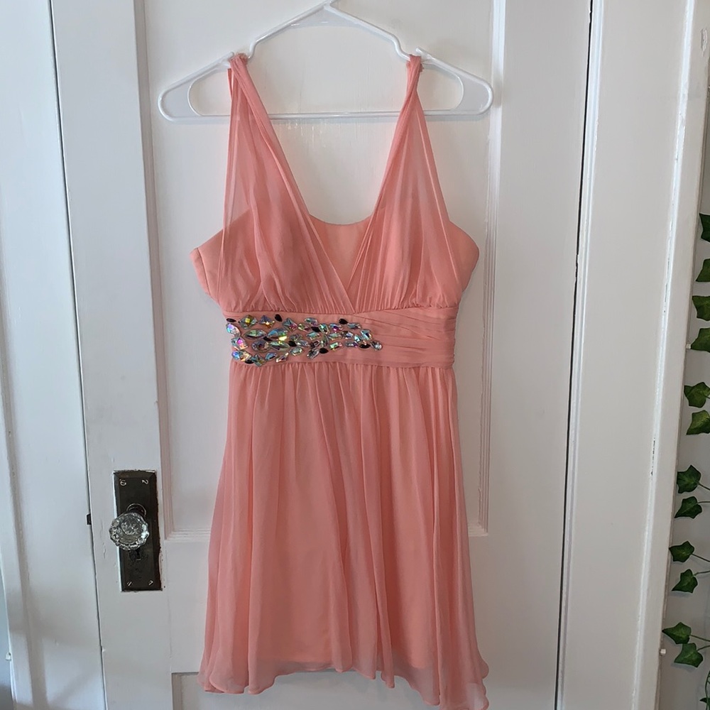 short pink prom dress with rhinestones